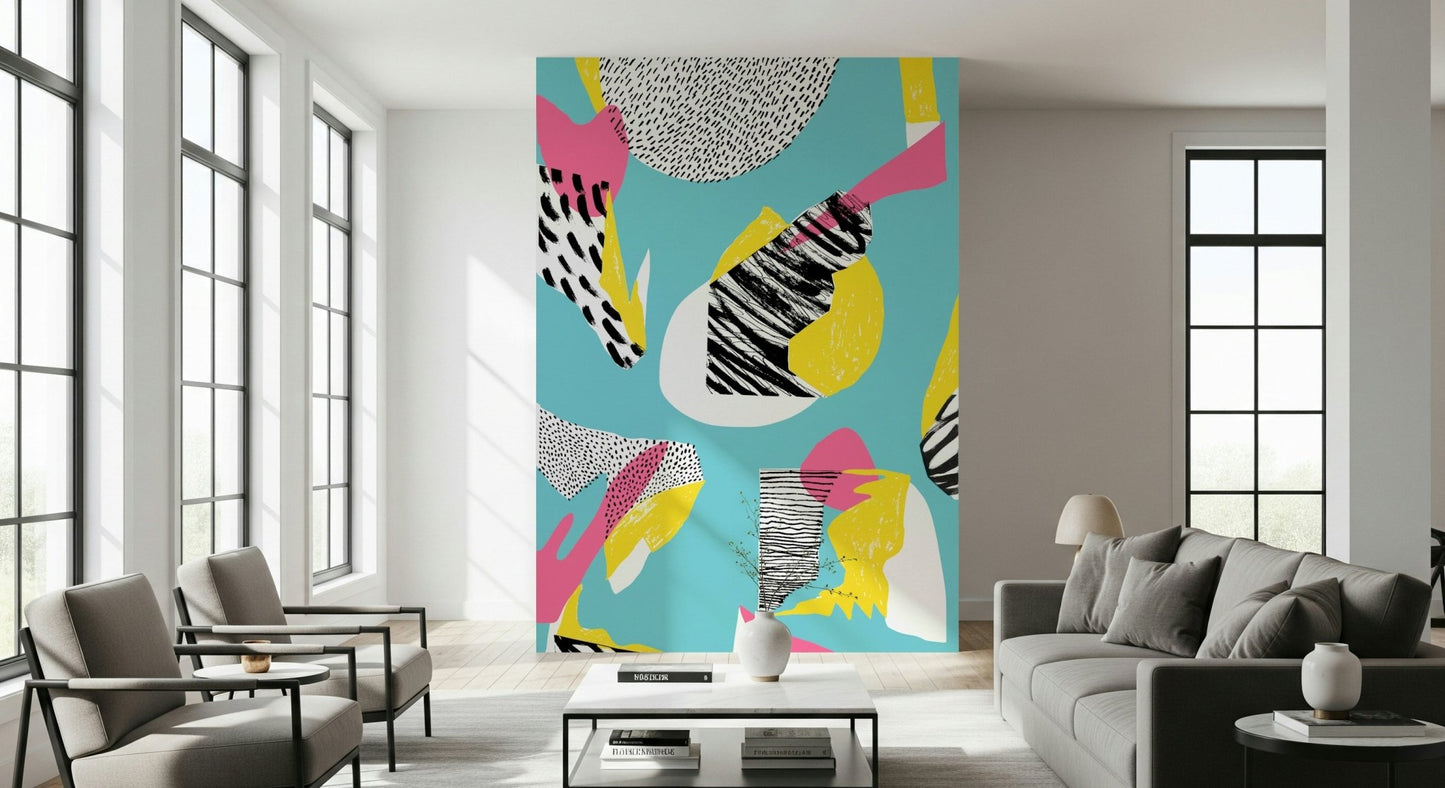 Artistic Modern Living peel and stick mural with collage style shapes and bright tones.