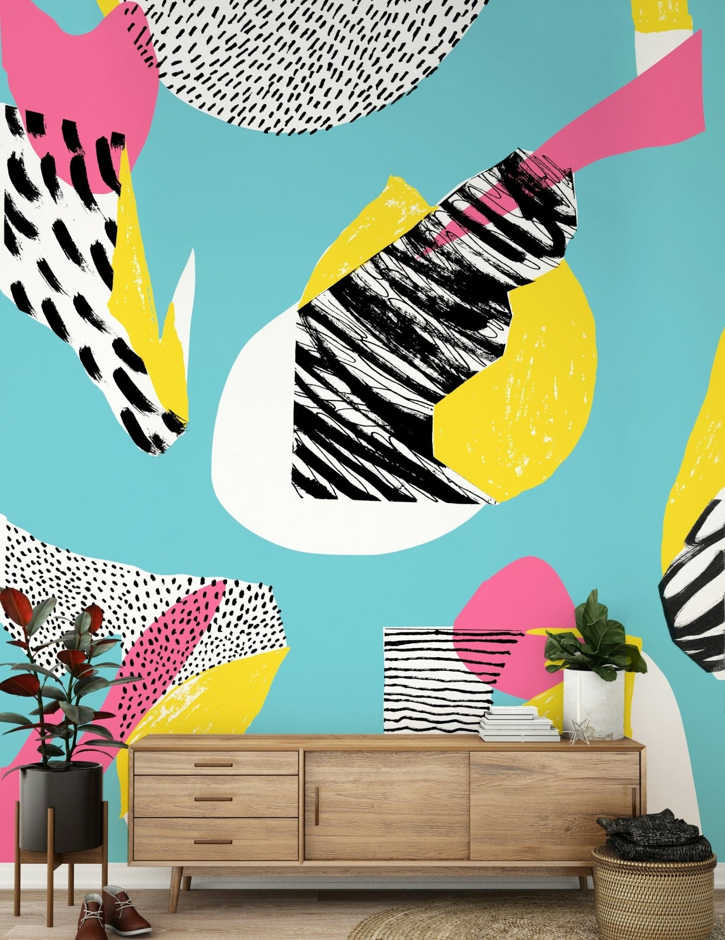 Stylish Modern Living wall decor featuring graphic dots and striking pink silhouettes.