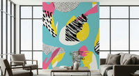 Contemporary abstract wall mural with Modern Living speckled and striped textures.