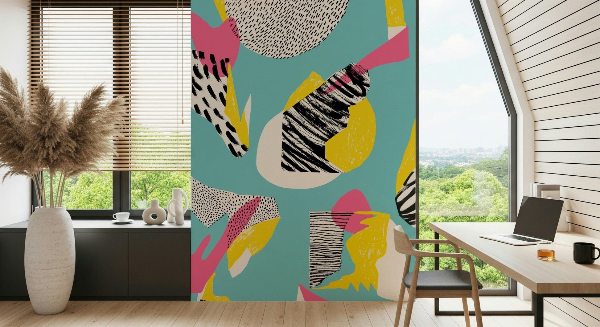 Modern Living graphic wallpaper featuring jagged yellow and fuchsia shapes.