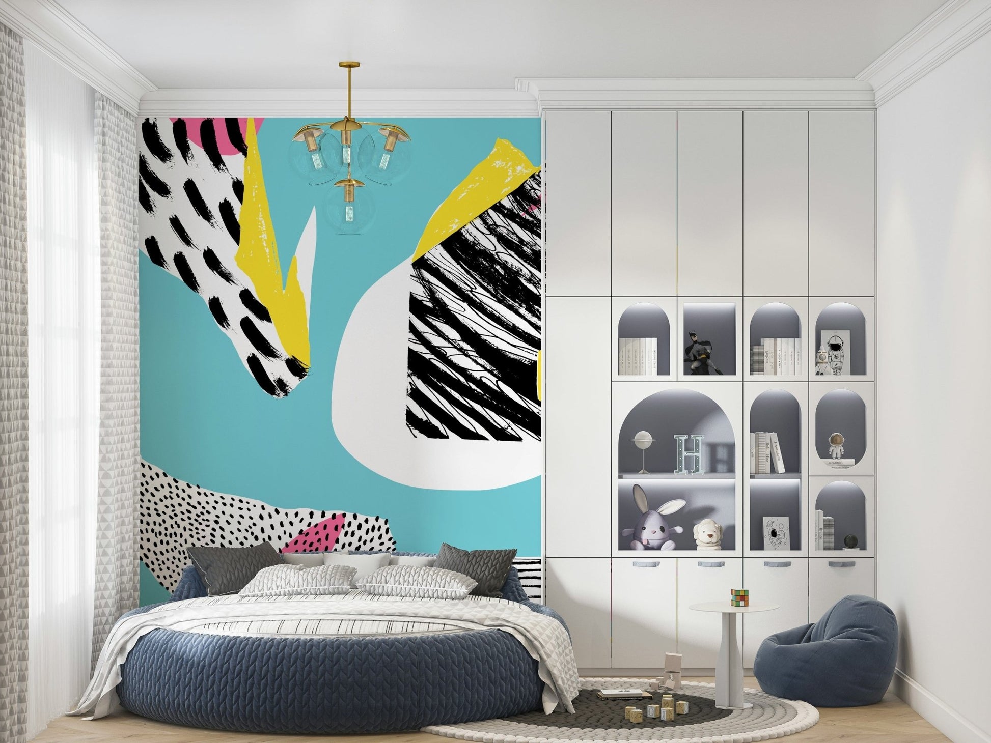 Sleek Modern Living accent wall wallpaper showing fragmented black and yellow prints.