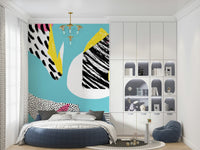 Sleek Modern Living accent wall wallpaper showing fragmented black and yellow prints.