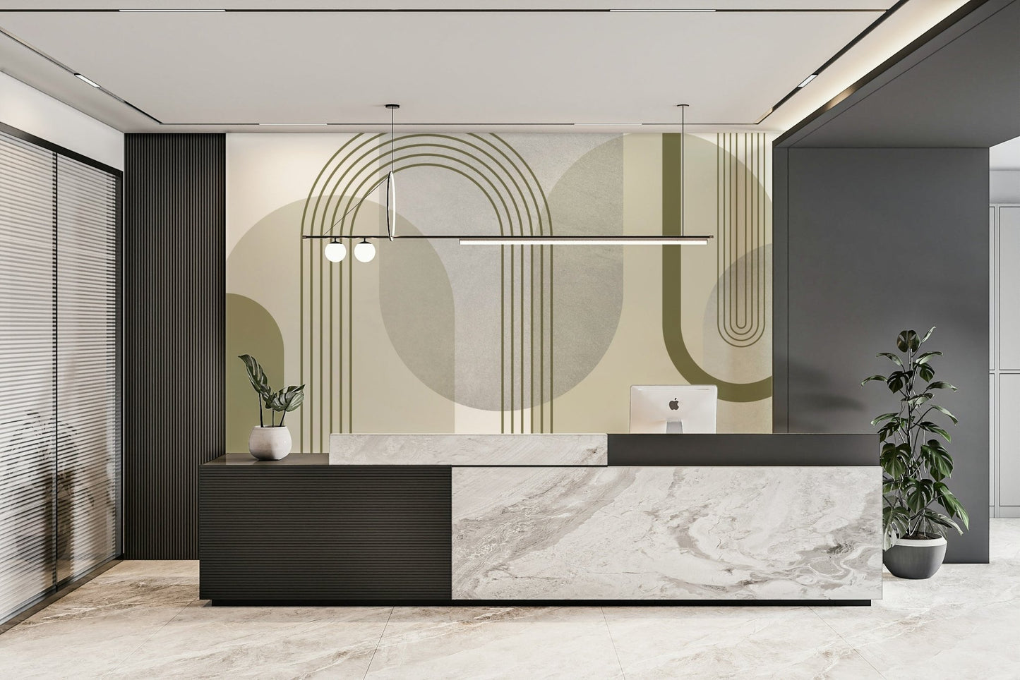 Office decorated with geometric wallpaper mural

