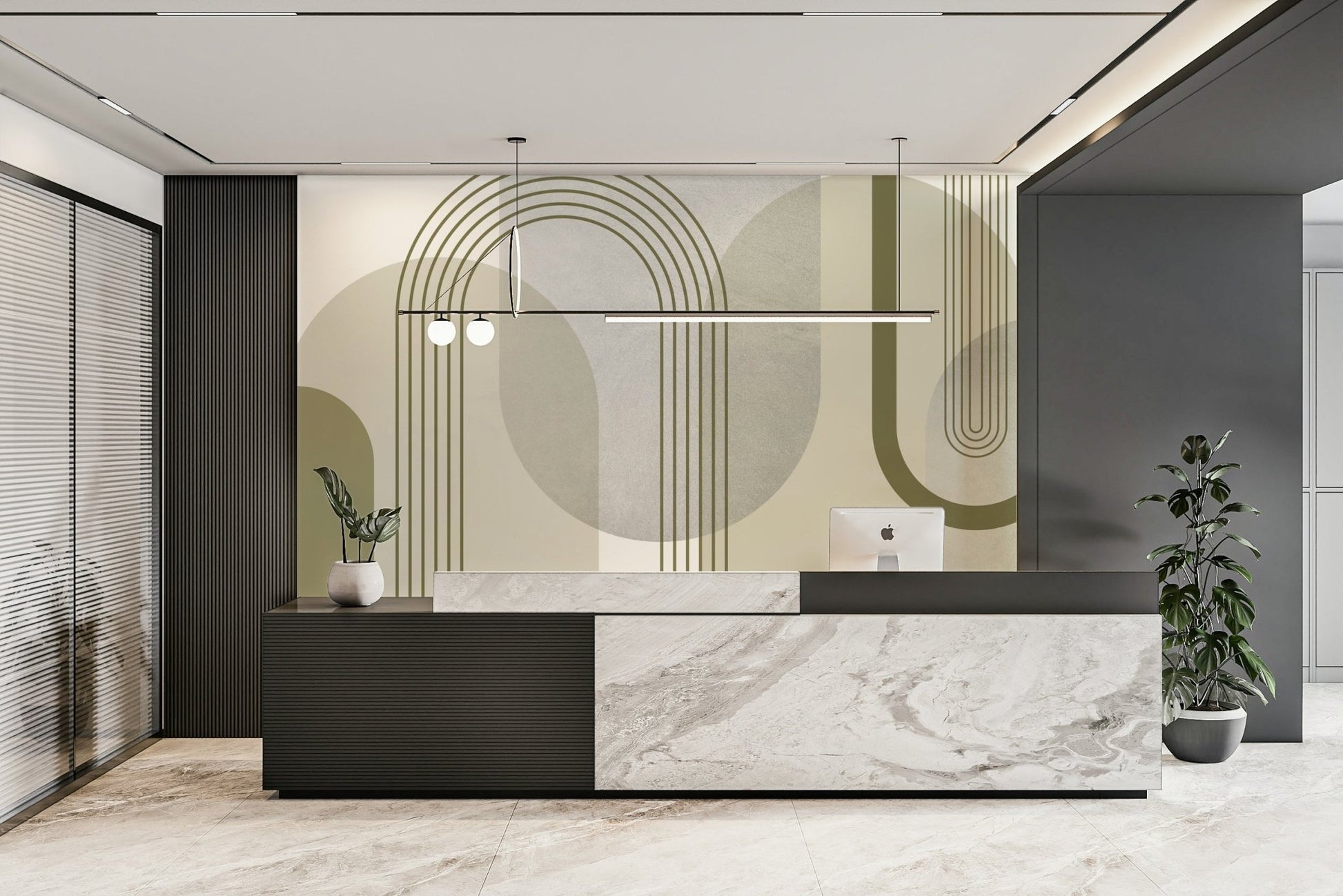 Office decorated with geometric wallpaper mural

