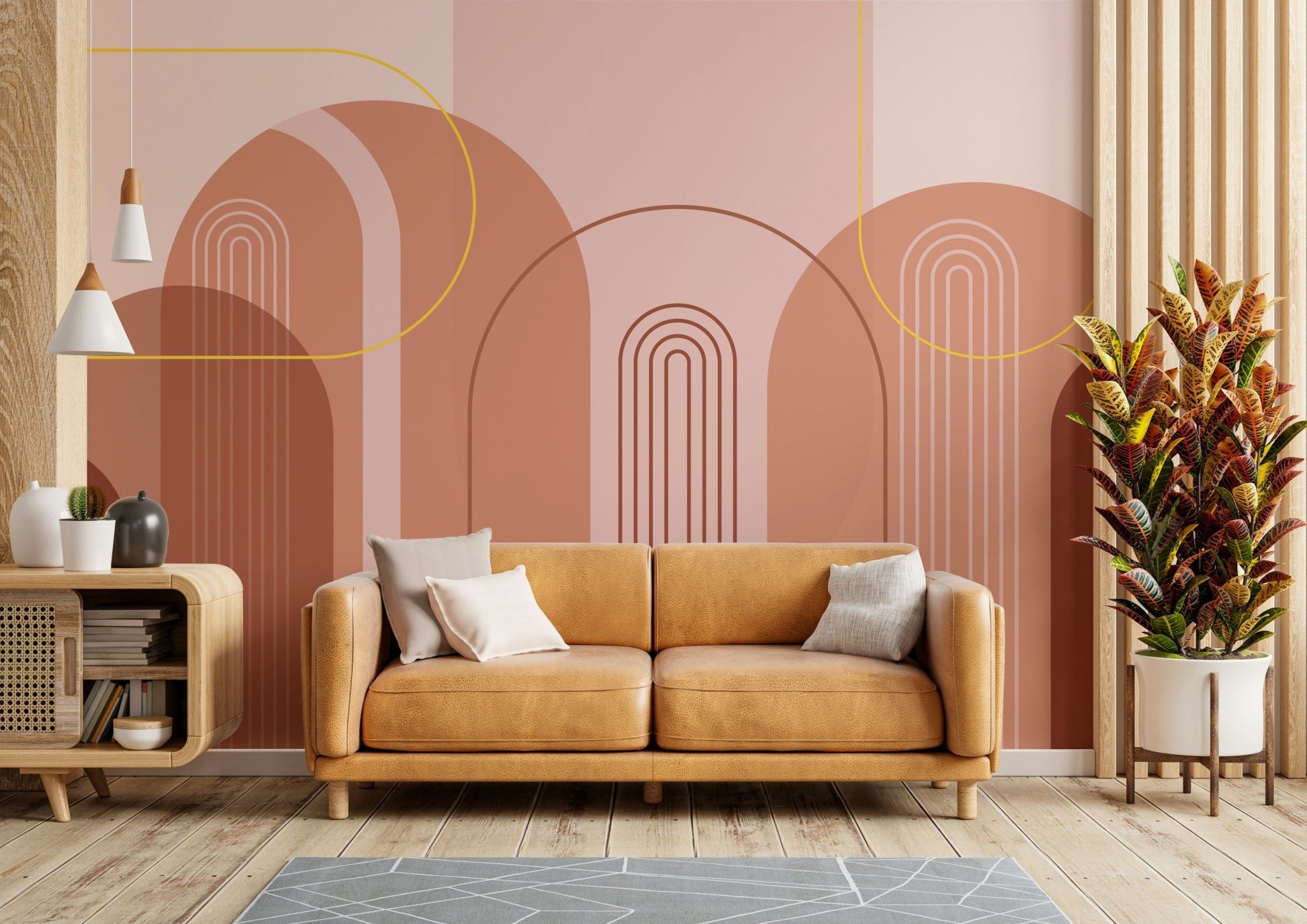 Contemporary archway mural with a mid-century aesthetic

