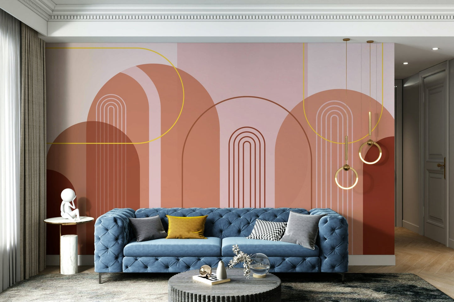 Bold mid-century archway wall mural for contemporary rooms

