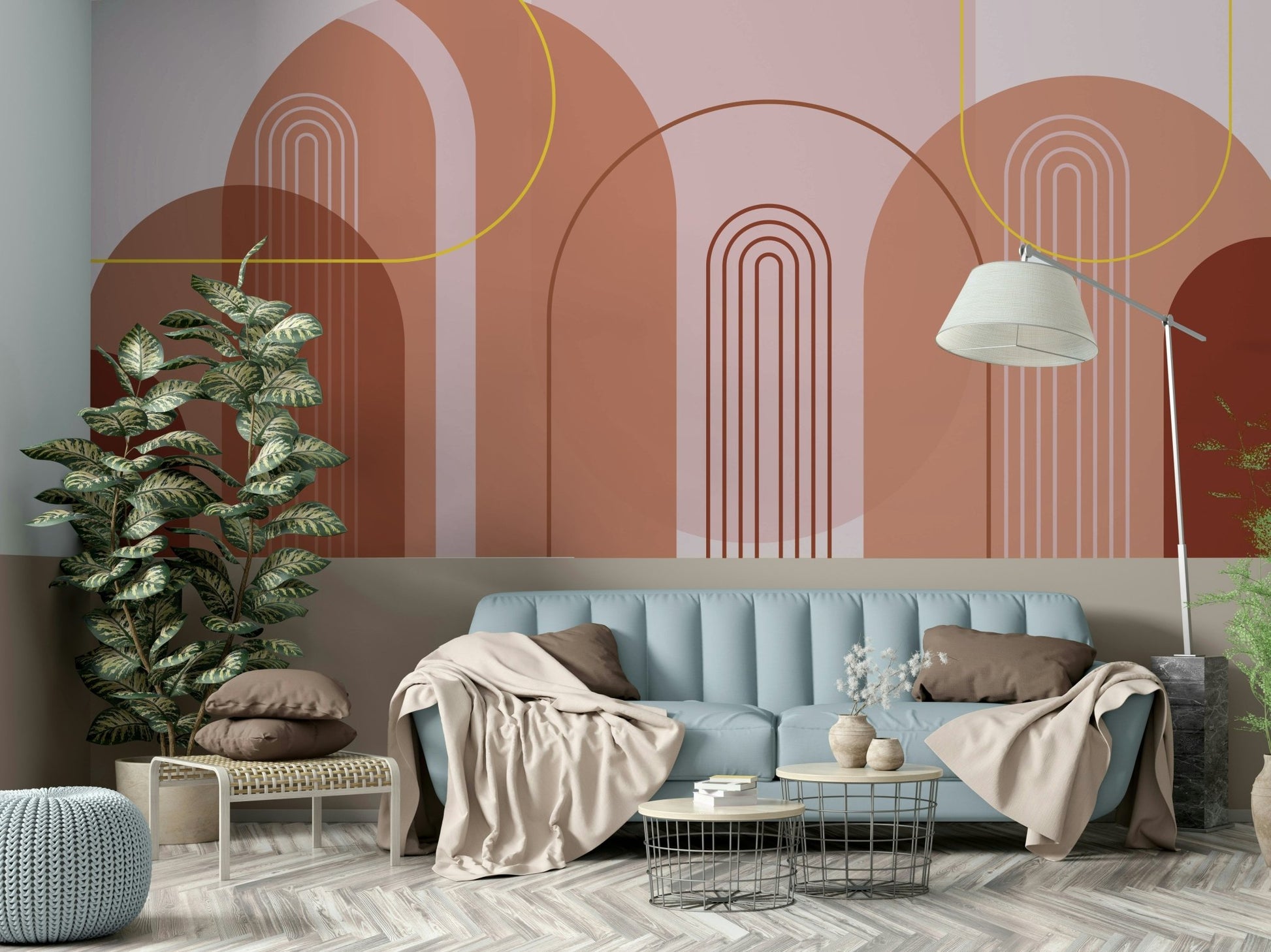 Elegant archways wall mural in mid-century style design

