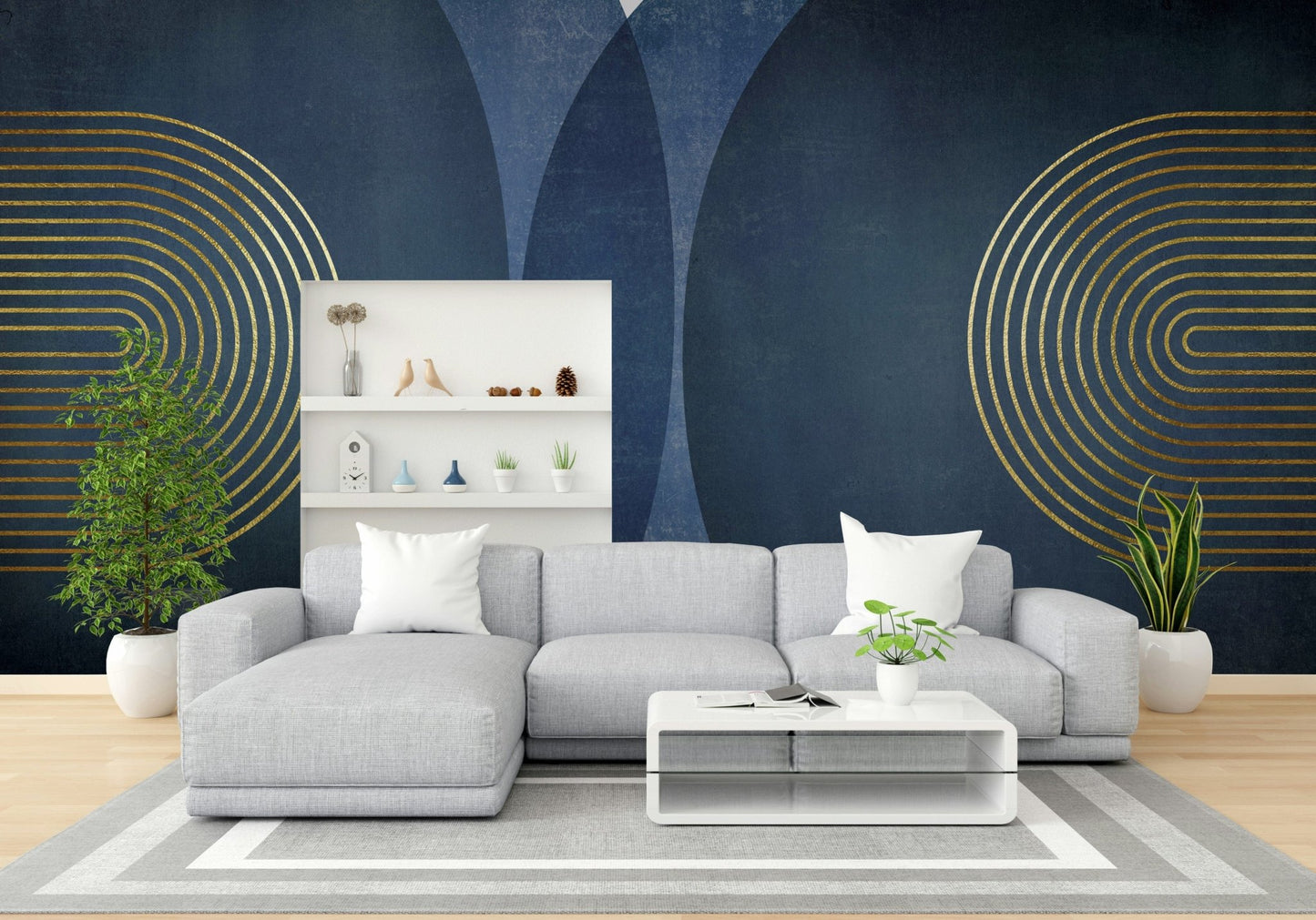 Blue and gold mid-century mural for walls

