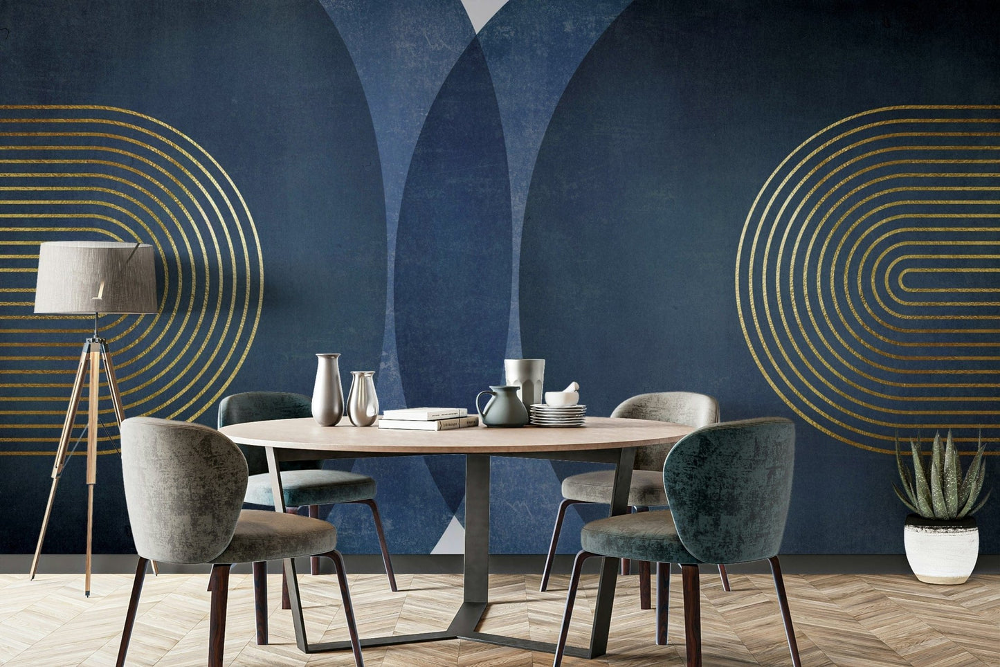 Mid-century blue gold wall mural with geometric patterns

