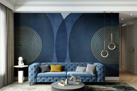 Stylish blue gold mid-century wall mural art

