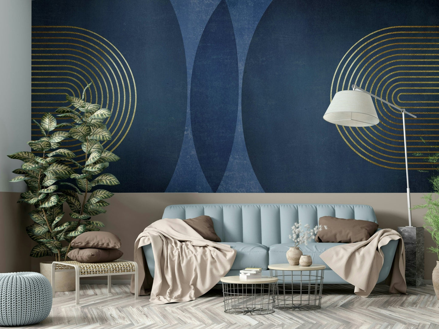 Blue gold wall mural with modern mid-century style

