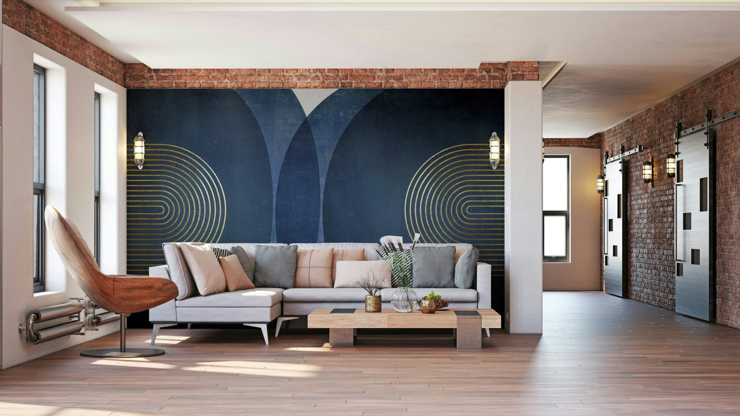 Elegant blue gold mid-century wall mural design

