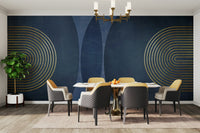 Mid-century modern wall mural in blue and gold

