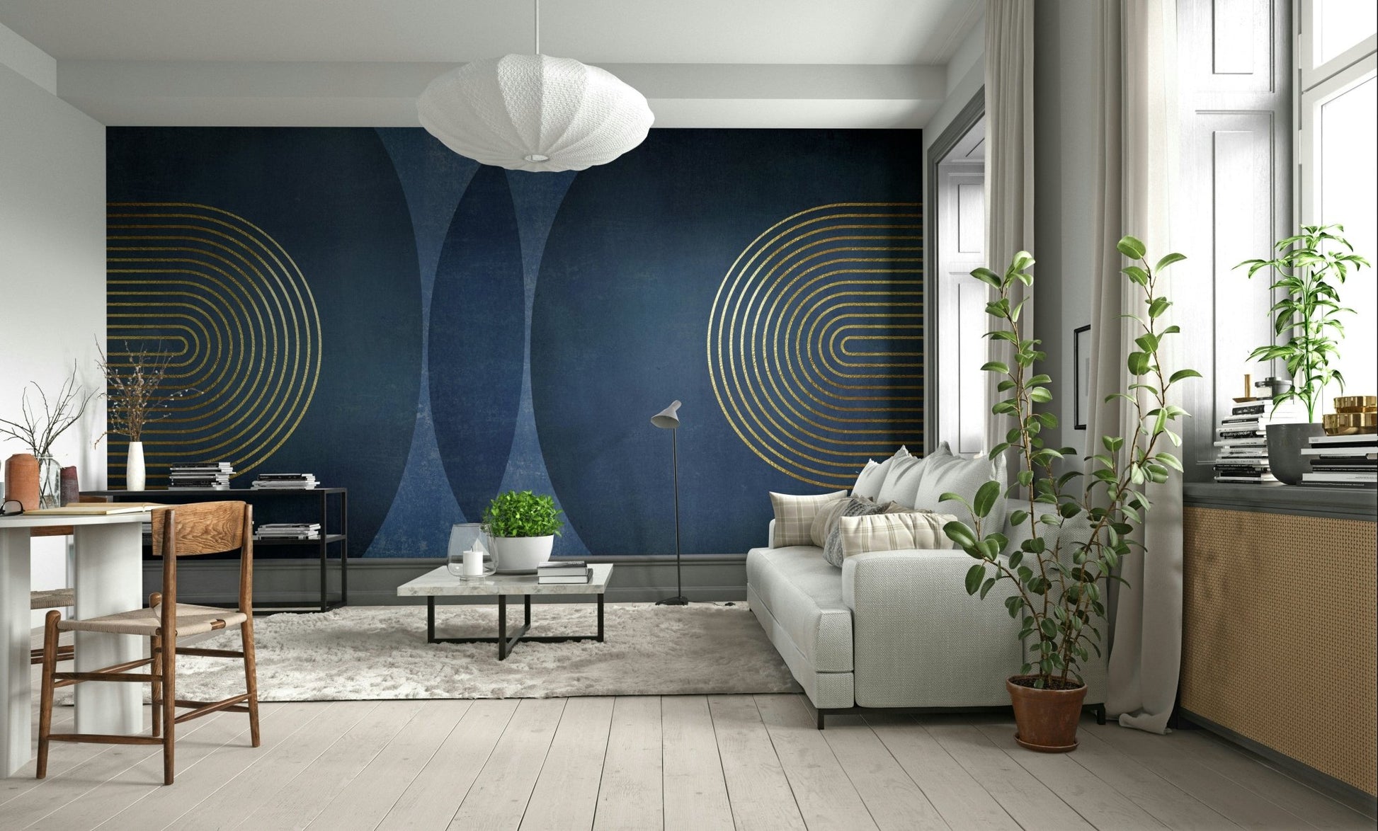 Modern mid-century blue gold wall mural design

