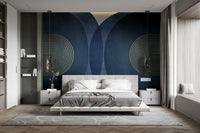 Contemporary blue gold wall mural with design

