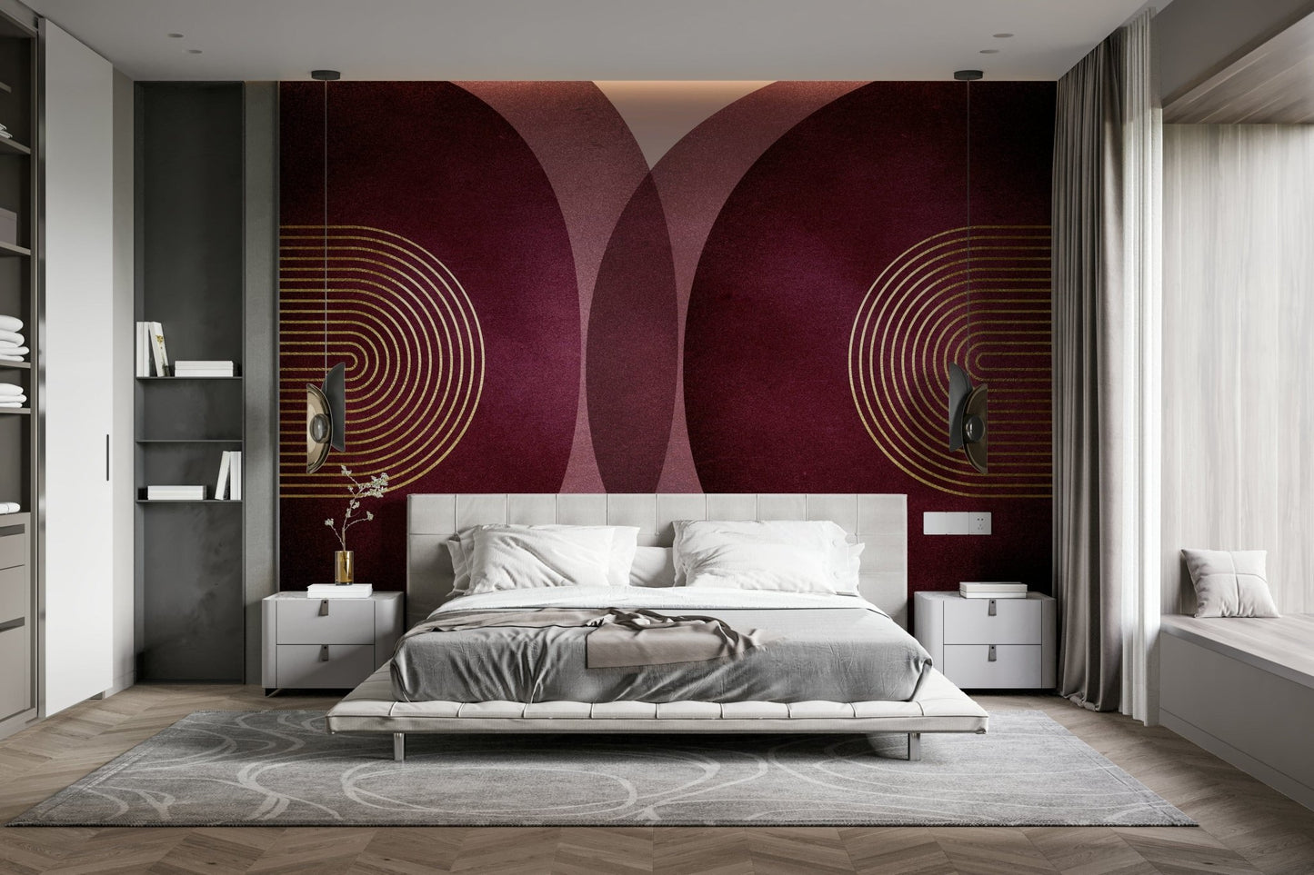 Burgundy mid-century wall mural with circular lines

