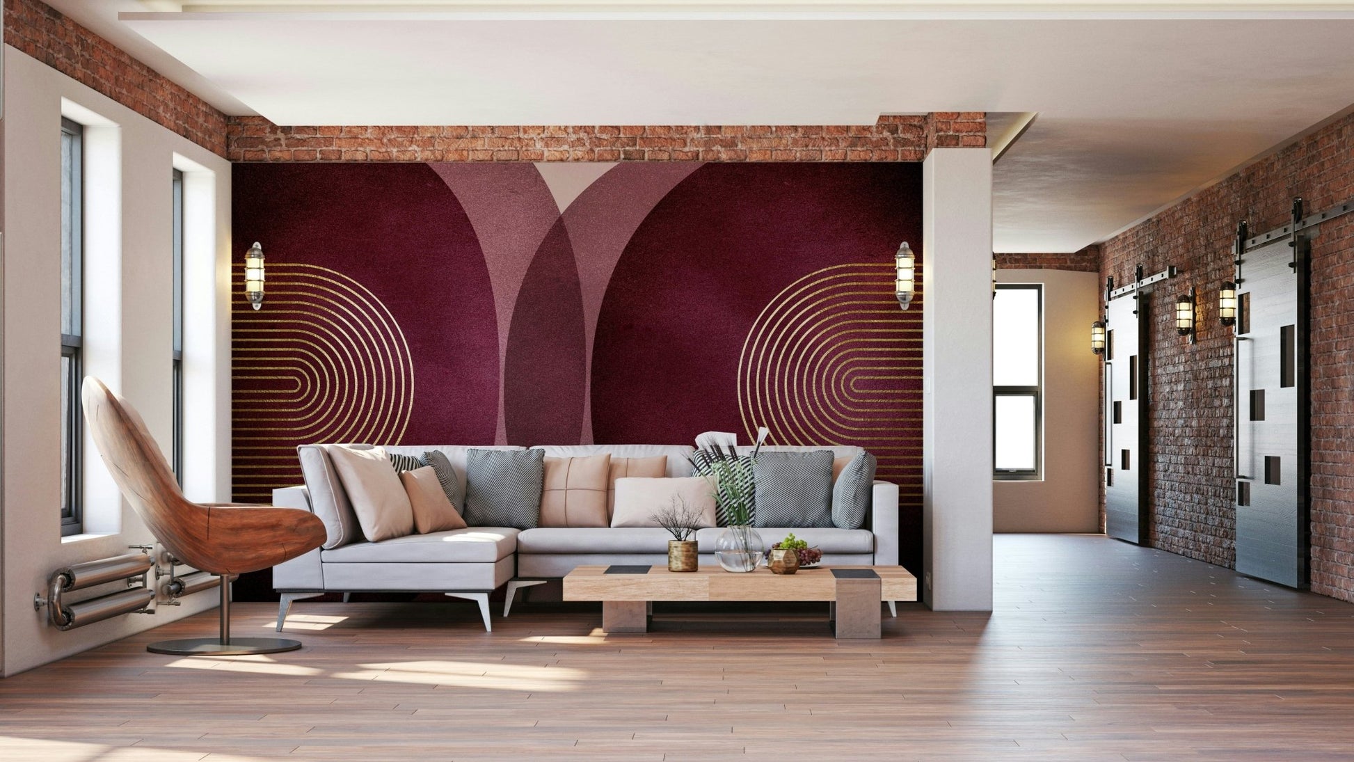 Elegant mid-century burgundy and gold wall mural

