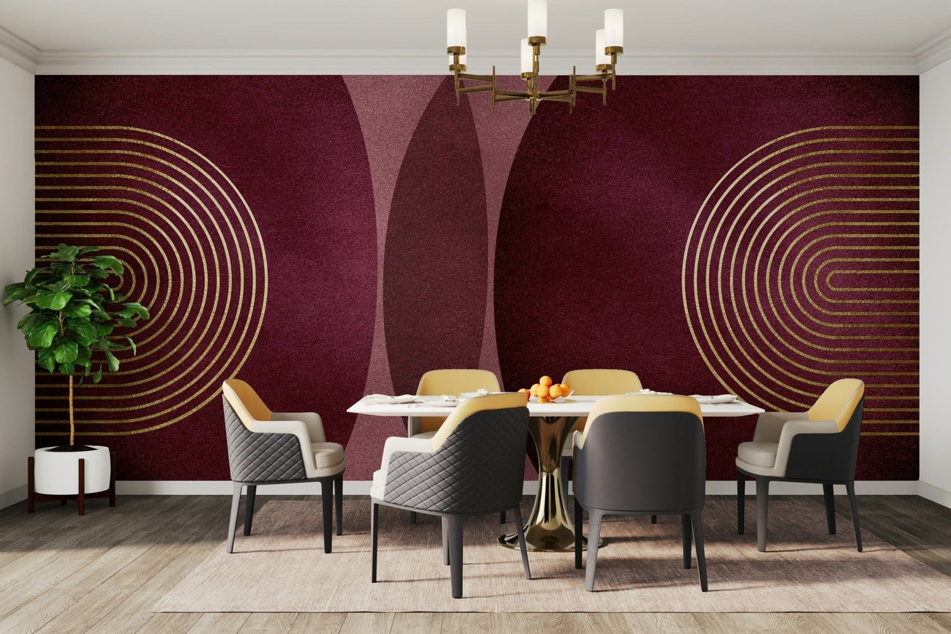 Abstract burgundy mid-century wall mural design

