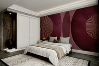 Burgundy mid-century wall mural with golden lines

