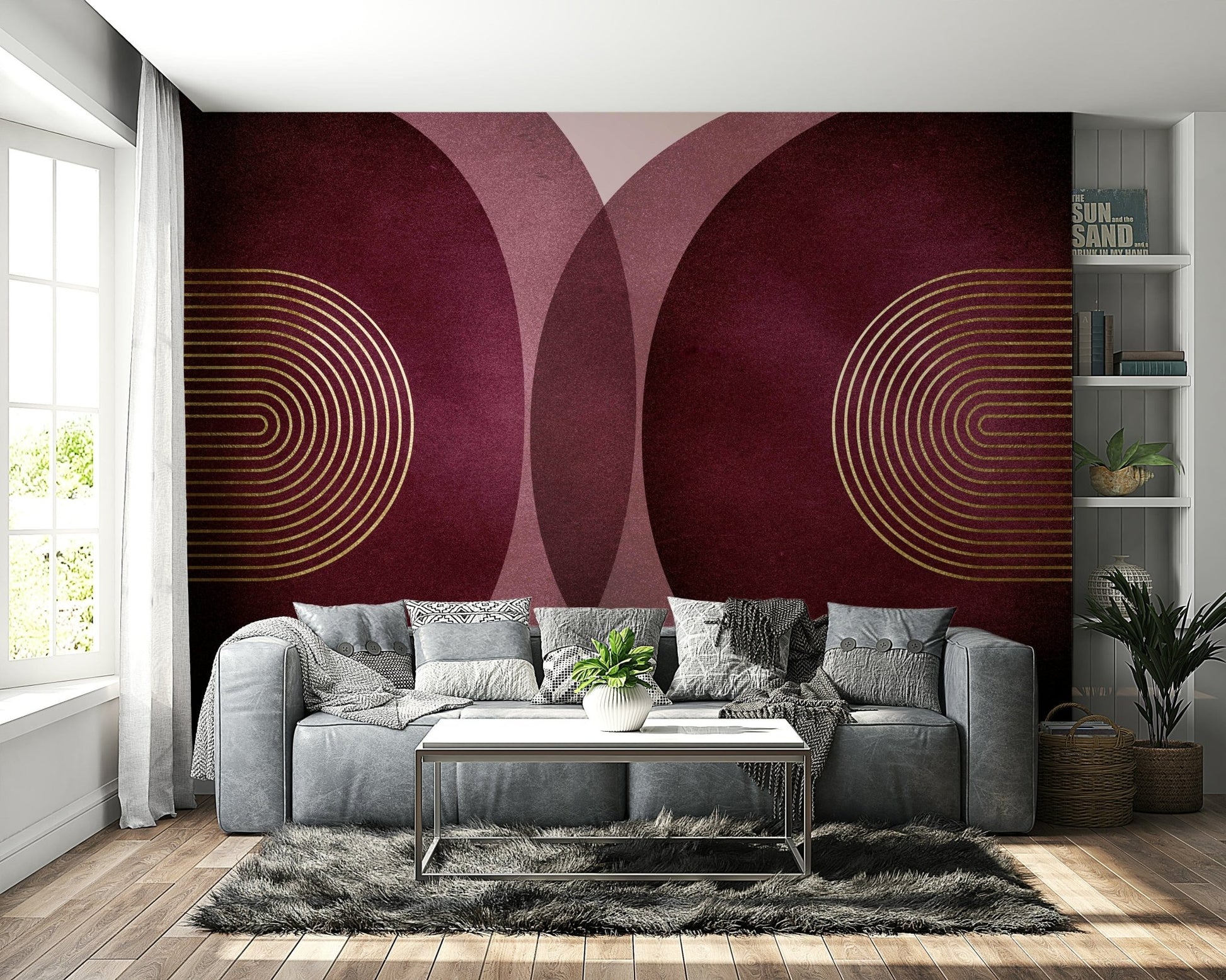 Modern mid-century burgundy wall mural design

