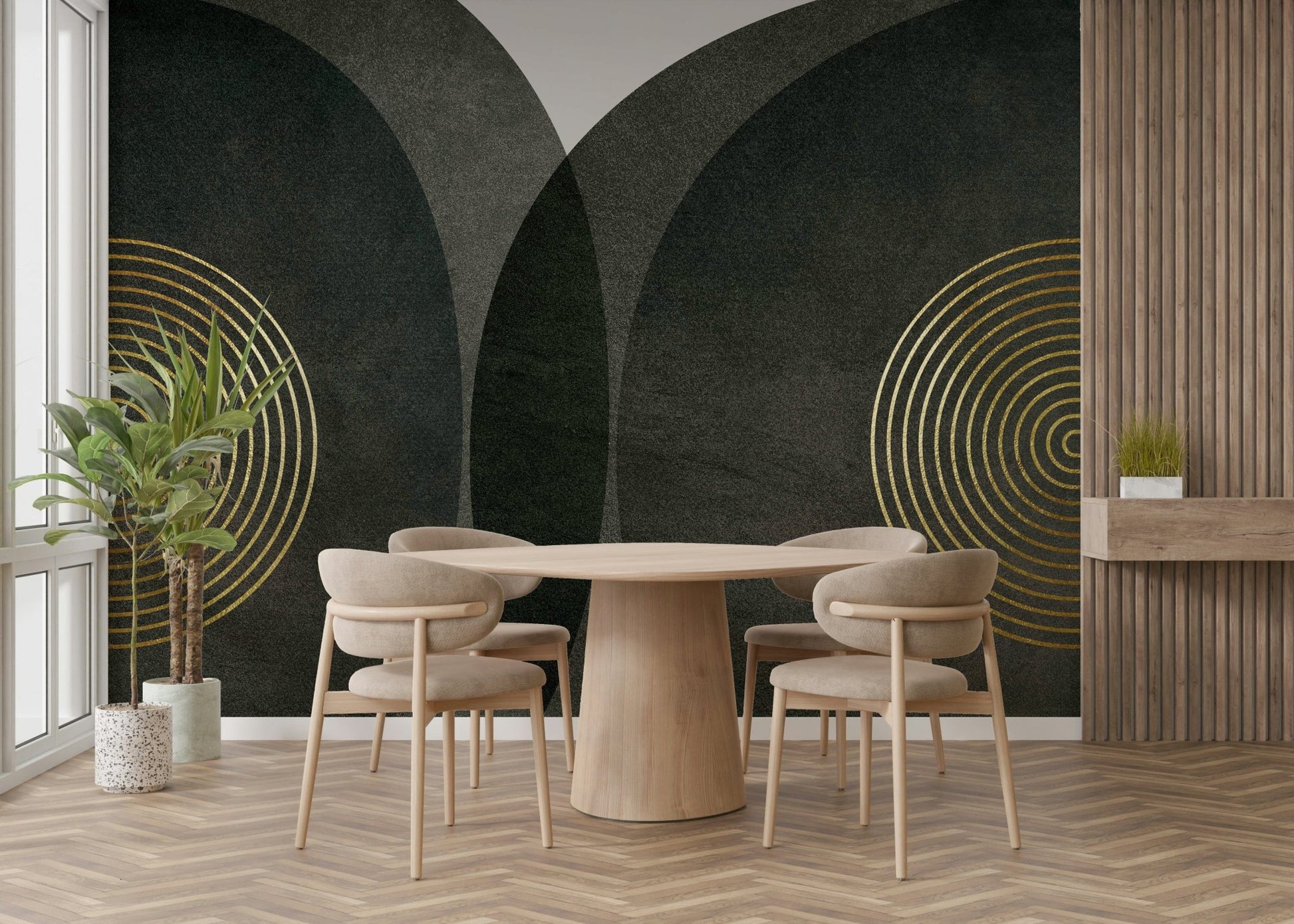 Bold charcoal gold mid-century wall mural

