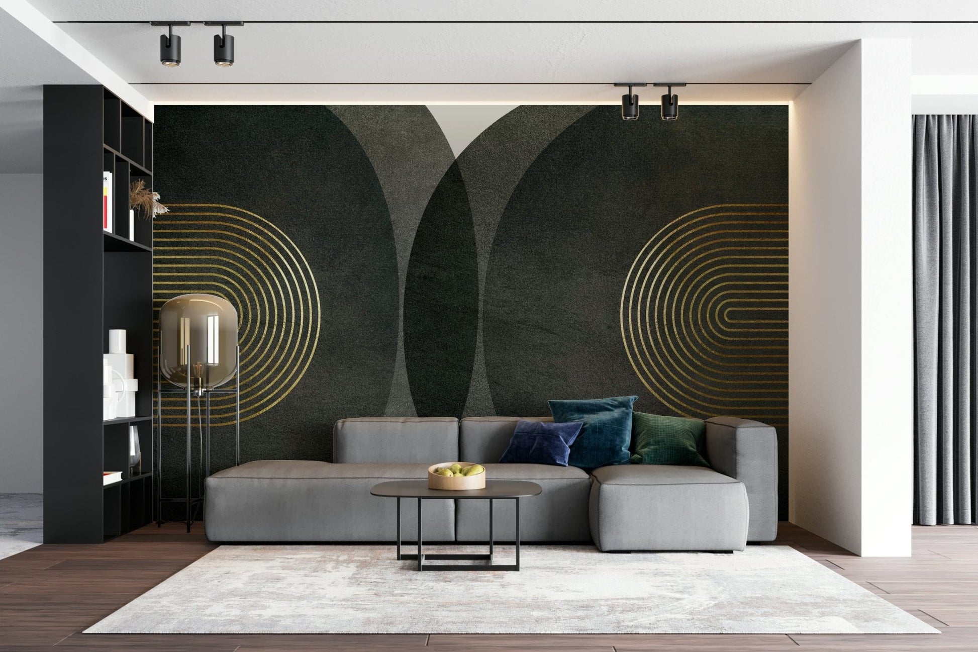 Elegant mid-century charcoal and gold wall mural

