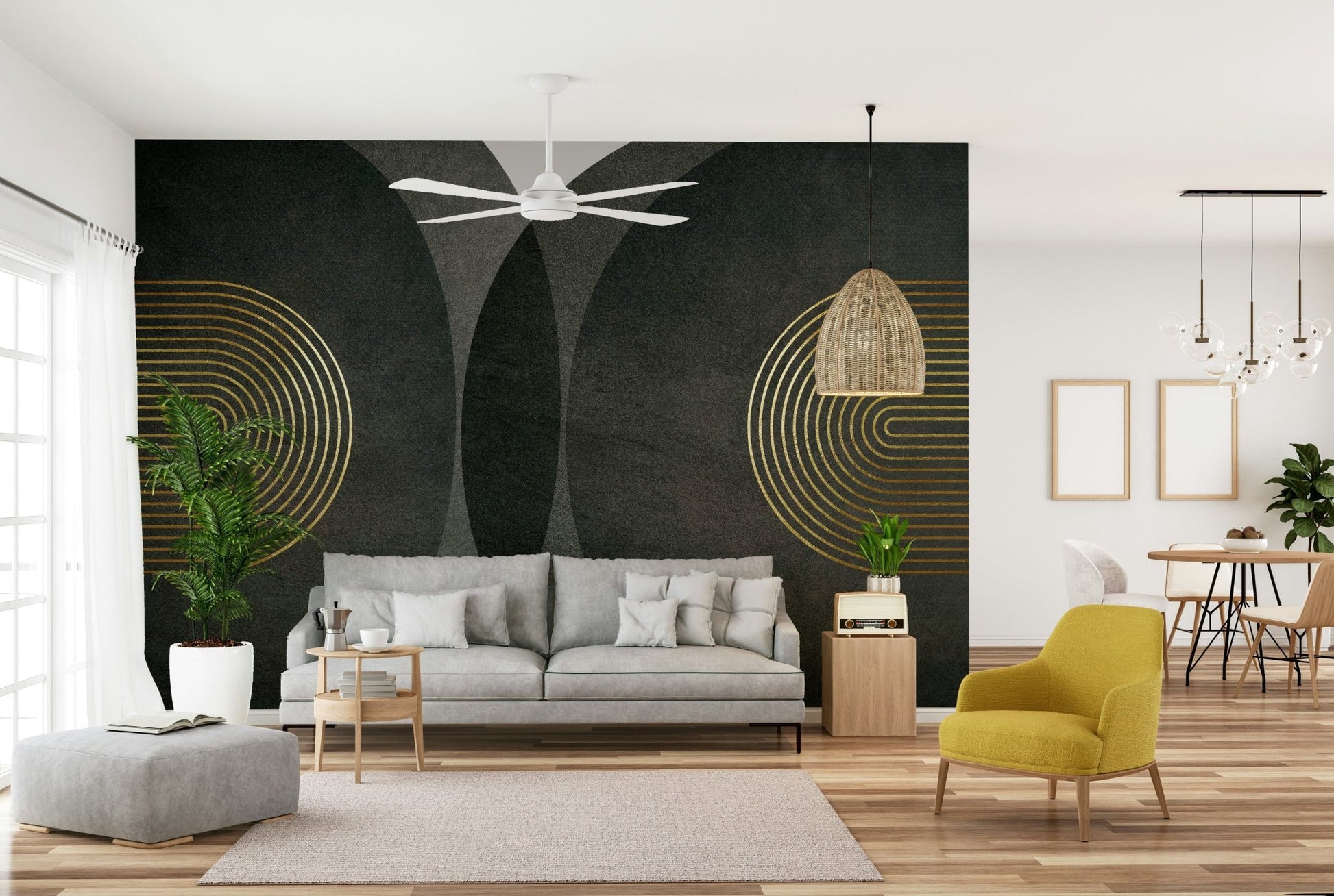 Mid-century modern wall mural with charcoal and gold

