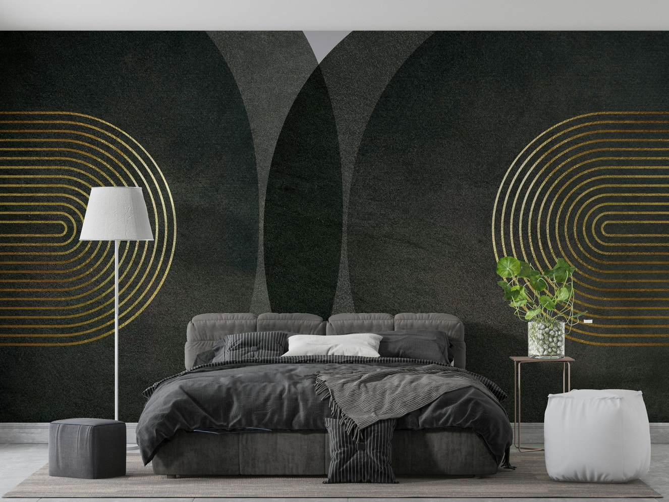 Modern mid-century charcoal gold wall mural

