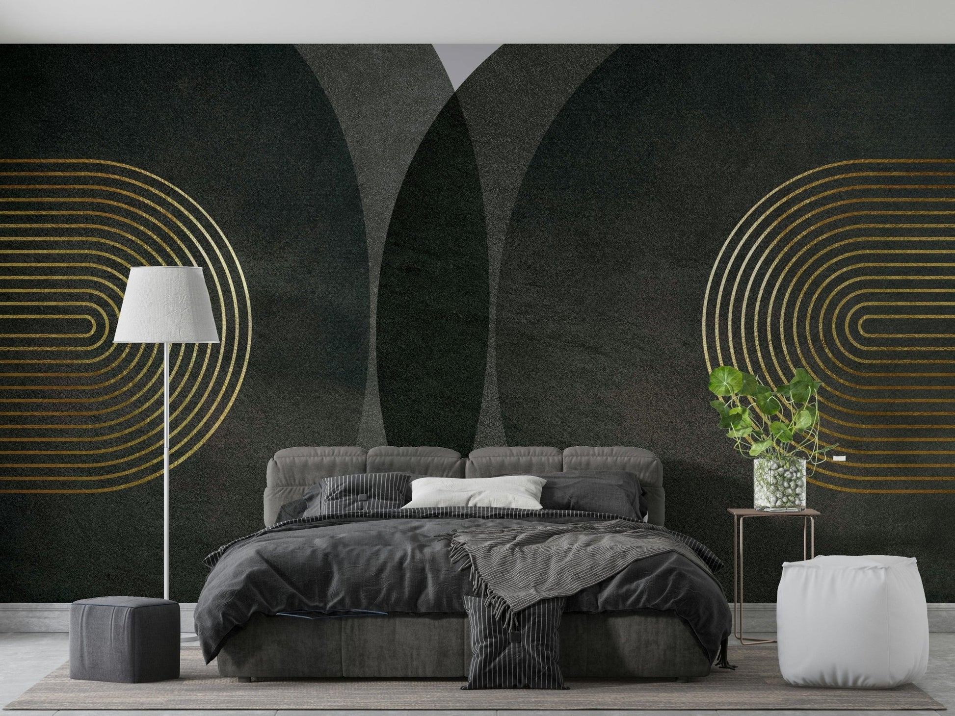 Modern mid-century charcoal gold wall mural

