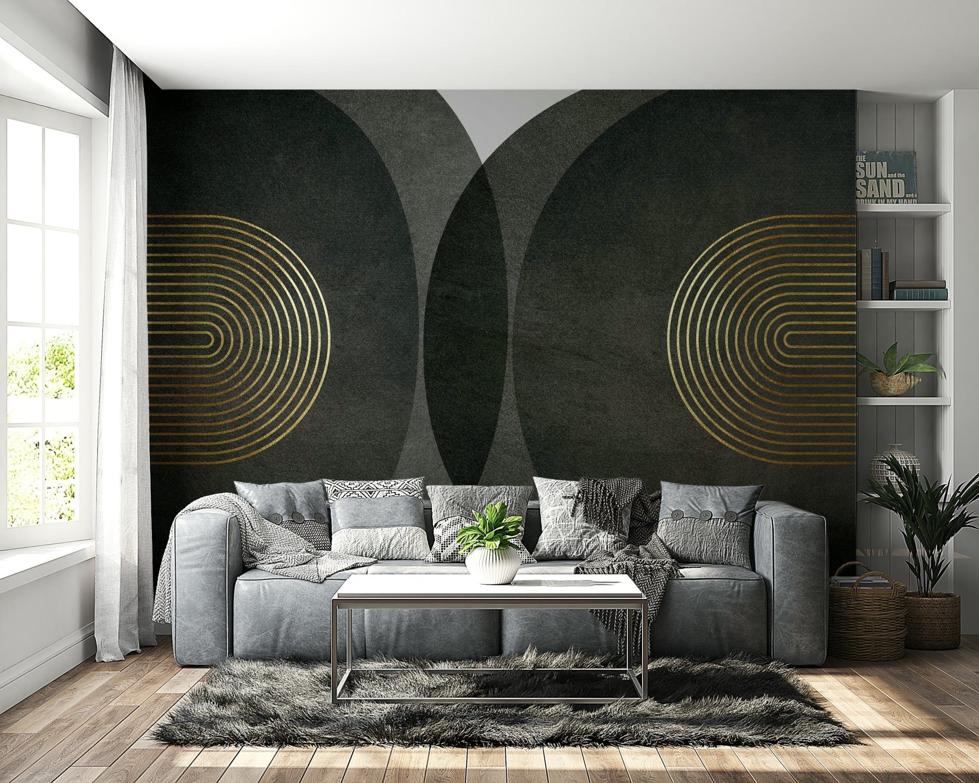 Stylish mid-century modern charcoal gold mural

