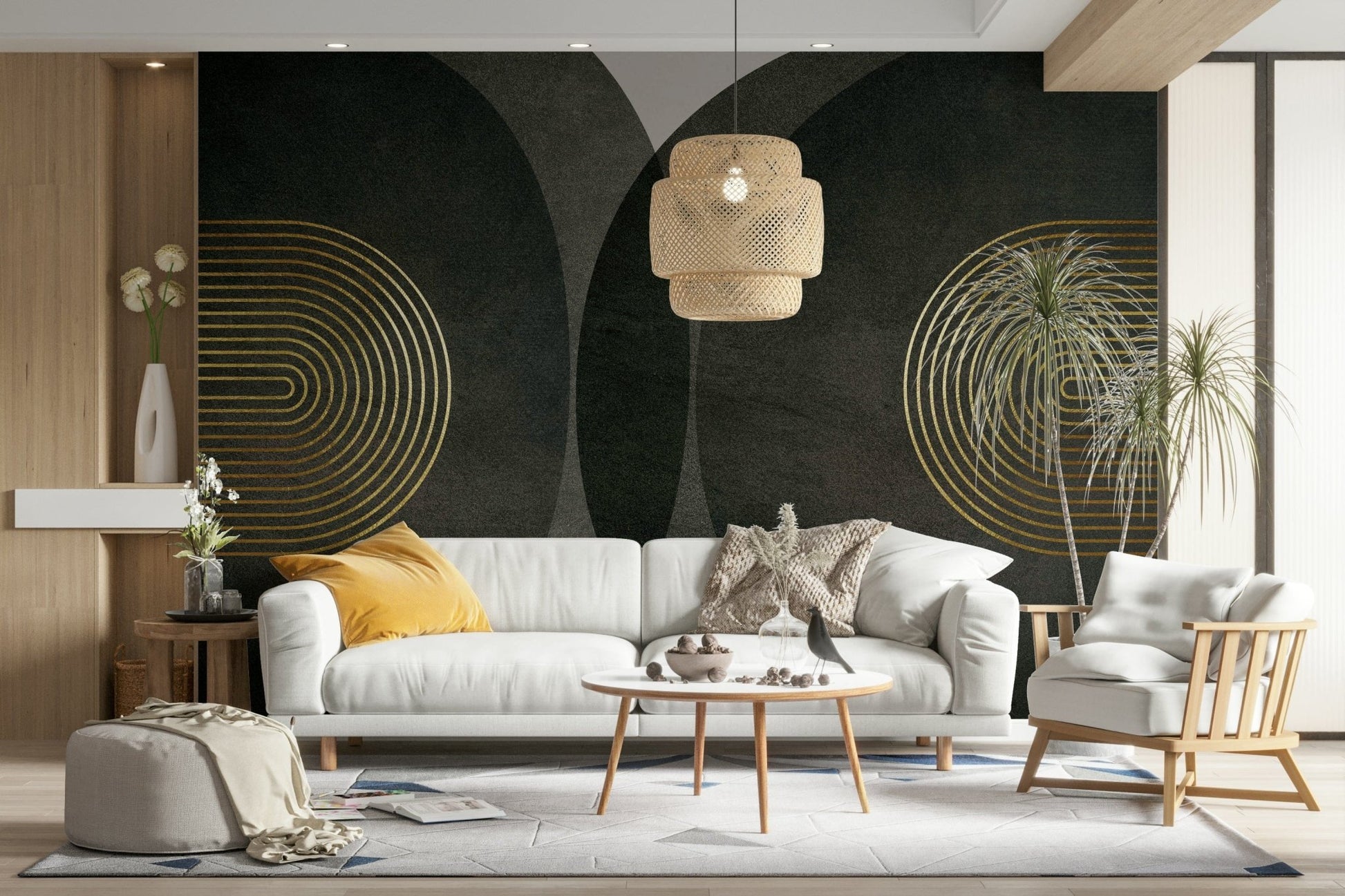 Modern mid-century charcoal gold wall art mural

