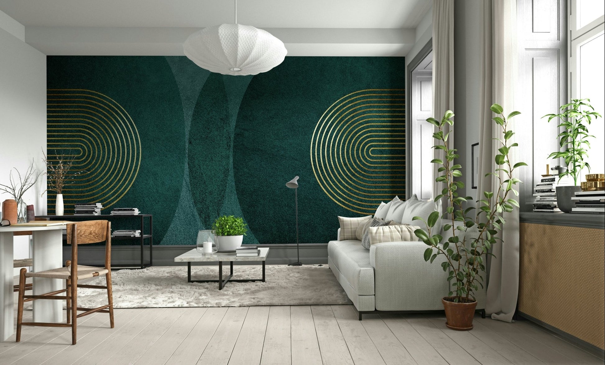 Living room with modern teal wall mural

