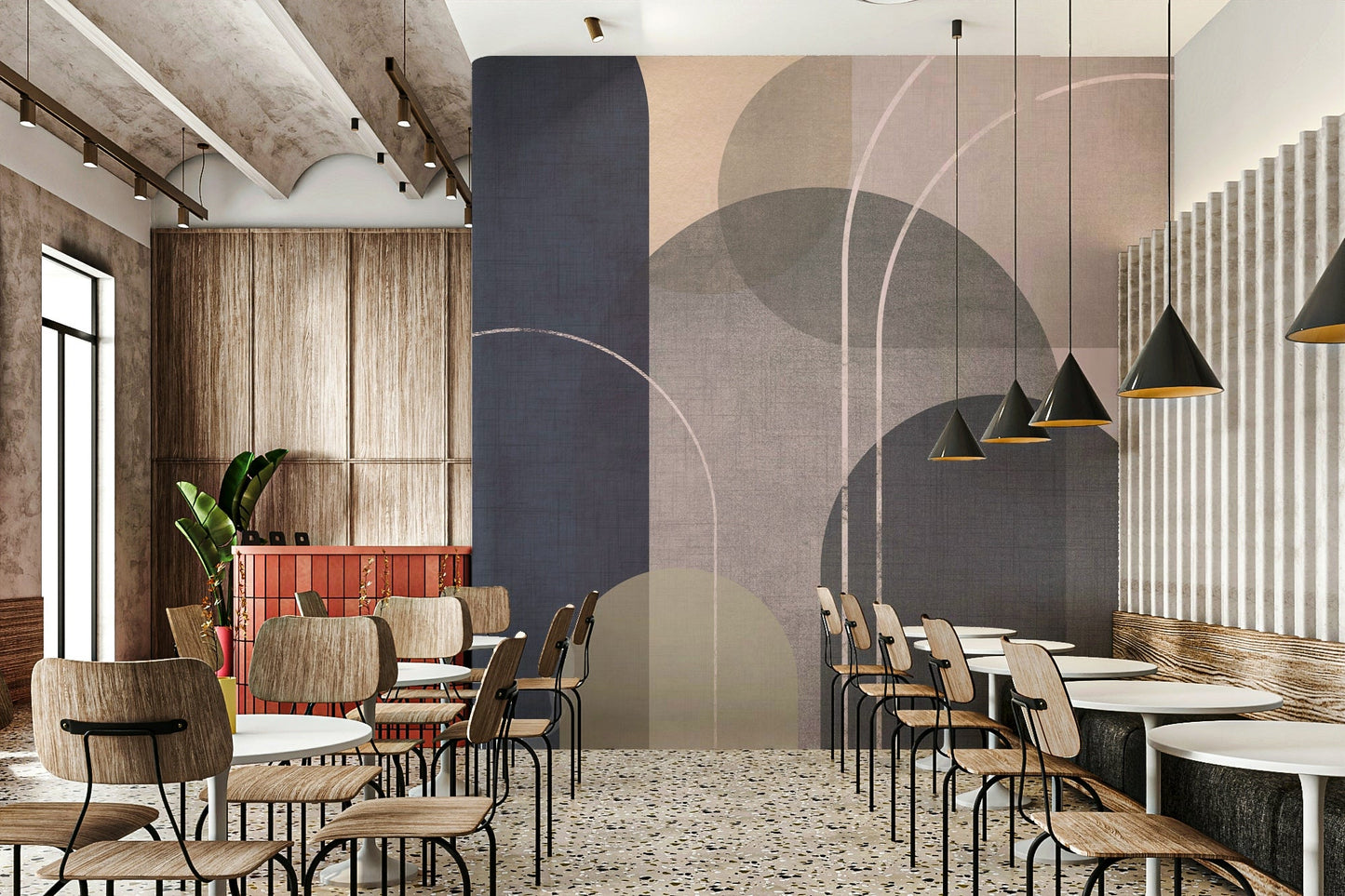 Bedroom wall decorated with linen texture mural

