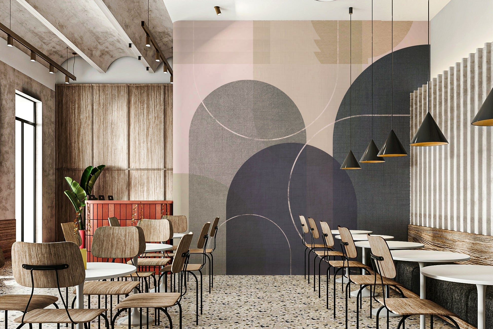 Wall mural featuring linen texture and shapes

