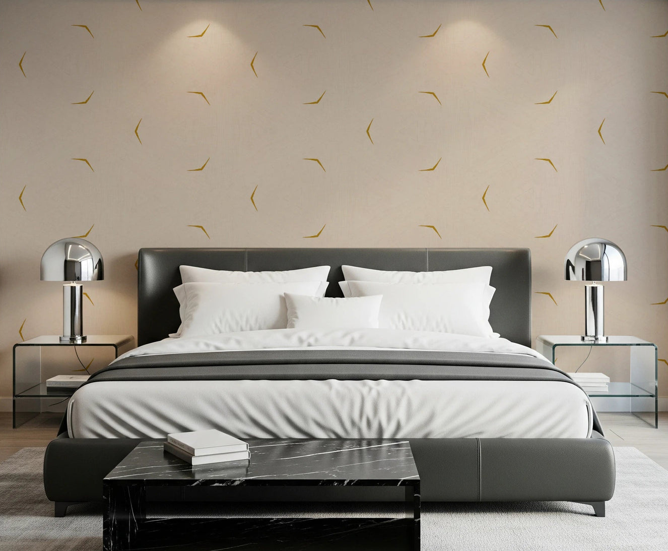 Bedroom styled with Modern Minimal Broken Lines wallpaper in warm cream mustard