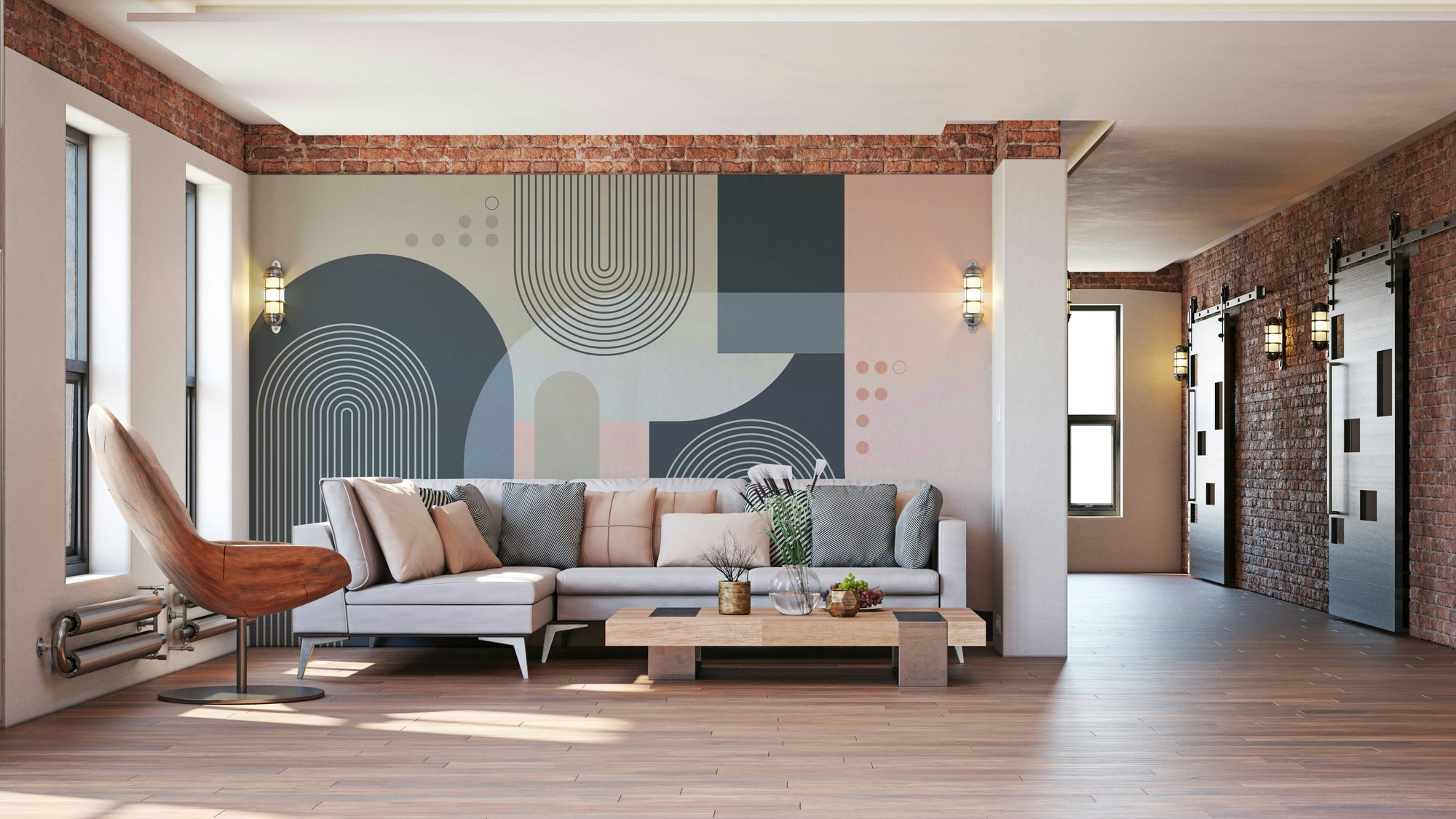 A wall mural of a geometric arch pattern. GD3595

