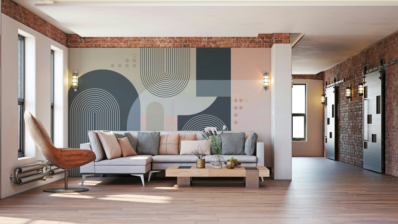 A wall mural of a geometric arch pattern.

