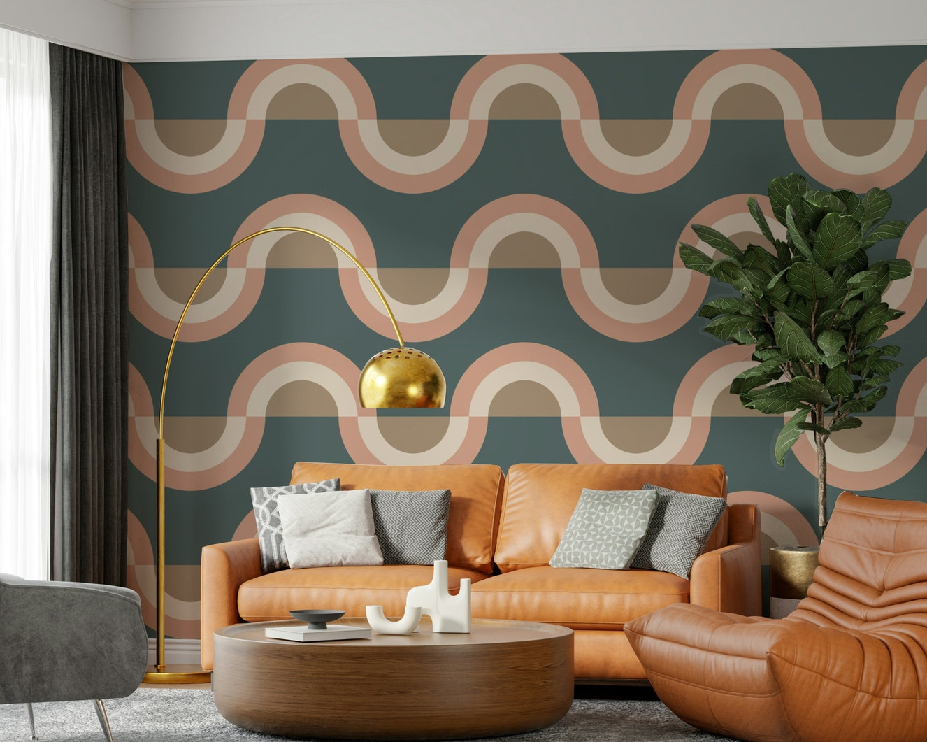 Modern Retro Arcs Decor Wallpaper featured in a stylish sitting room.