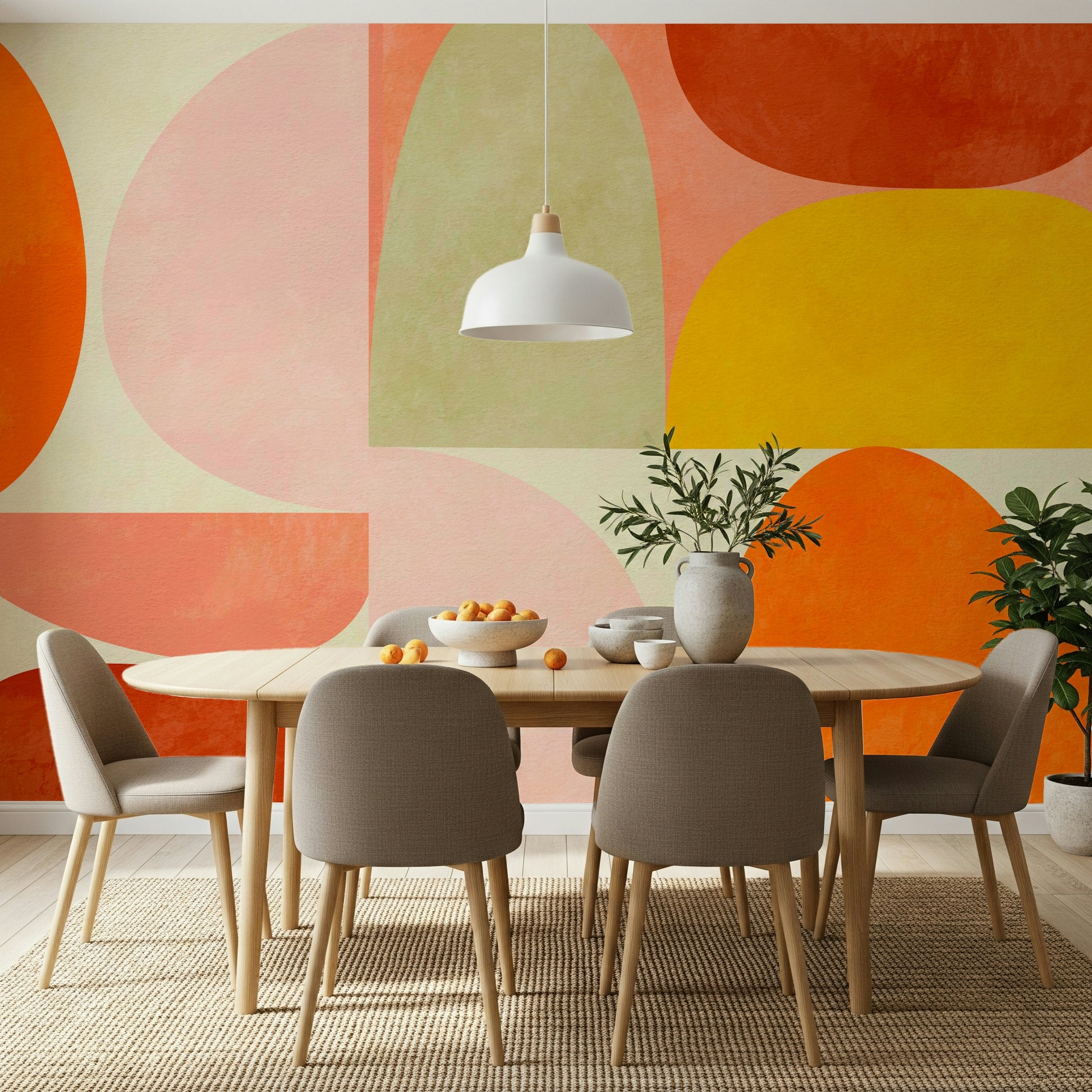 A peaceful geometric abstract mural on decorative wallpaper.

