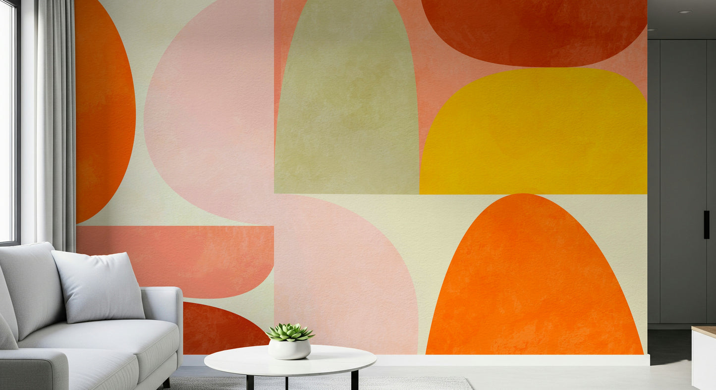 A graceful subtle shape wall mural in cool, natural tones.

