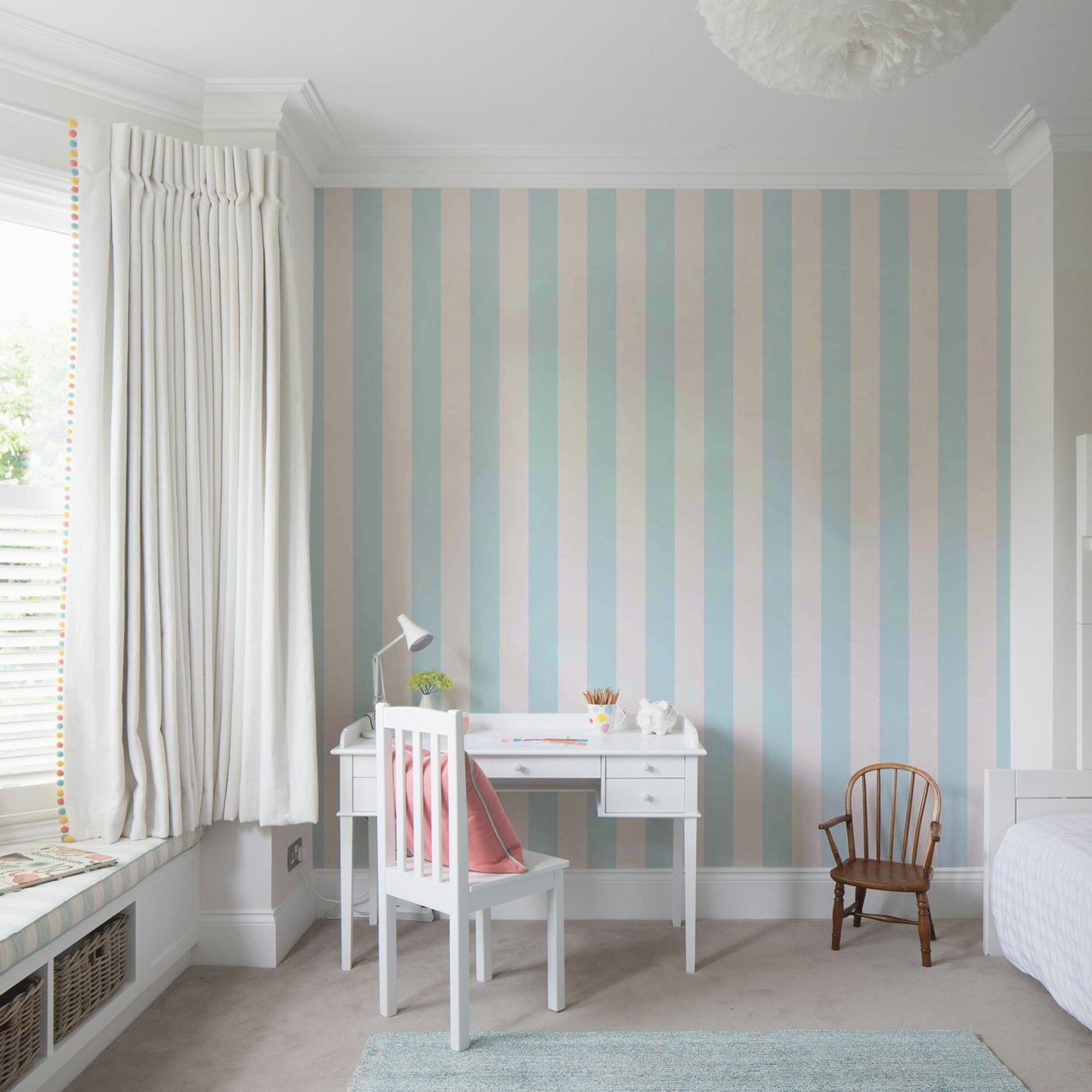 Modern stripe wallpaper in baby blue and neutral tones.

