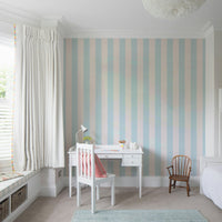 Modern stripe wallpaper in baby blue and neutral tones.

