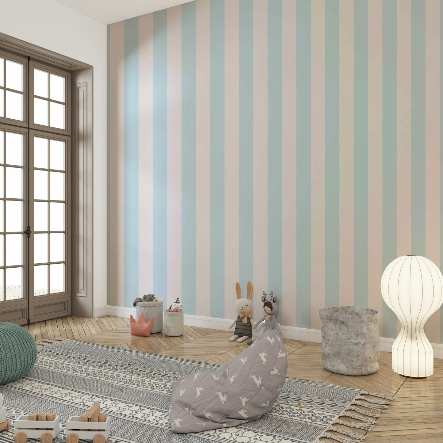 Contemporary wallpaper with soft blue and beige stripes.

