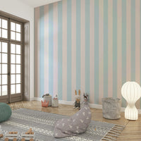 Contemporary wallpaper with soft blue and beige stripes.

