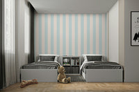 Vertical striped wallpaper in beige and baby blue.

