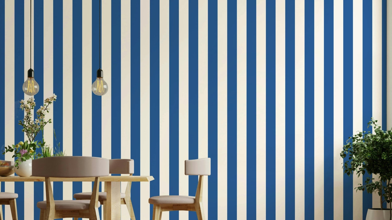 Beige and blue striped wallpaper with maritime theme

