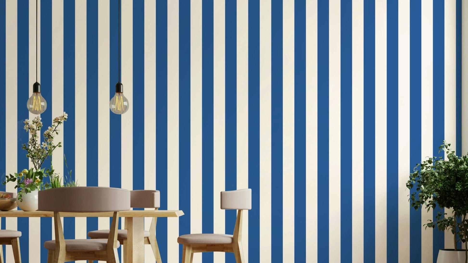 Beige and blue striped wallpaper with maritime theme

