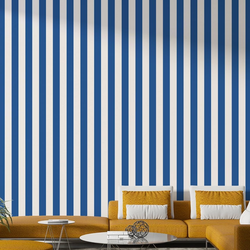 Modern maritime stripes wallpaper in beige and blue

