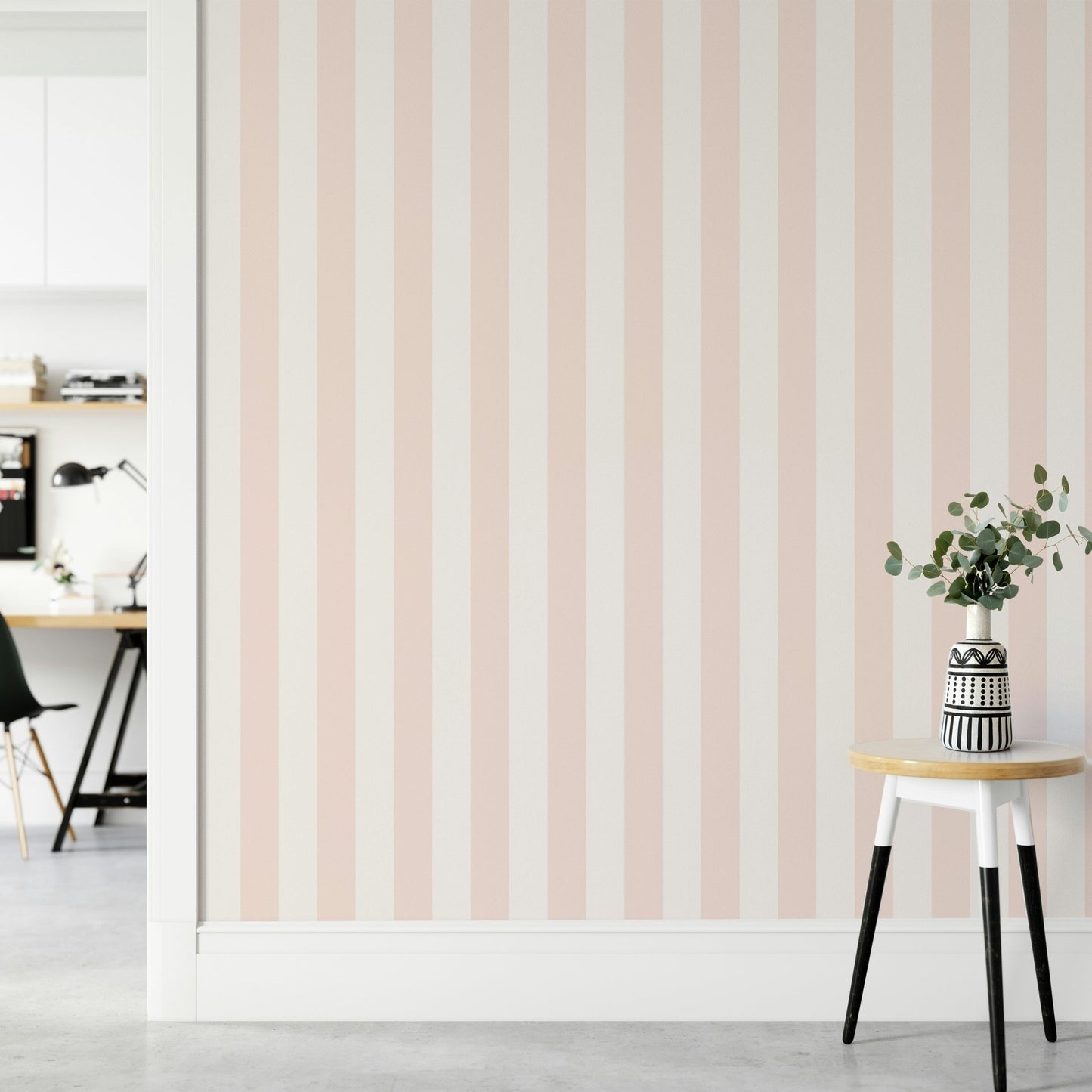 Minimalist vertical stripes in pastel pink and beige.


