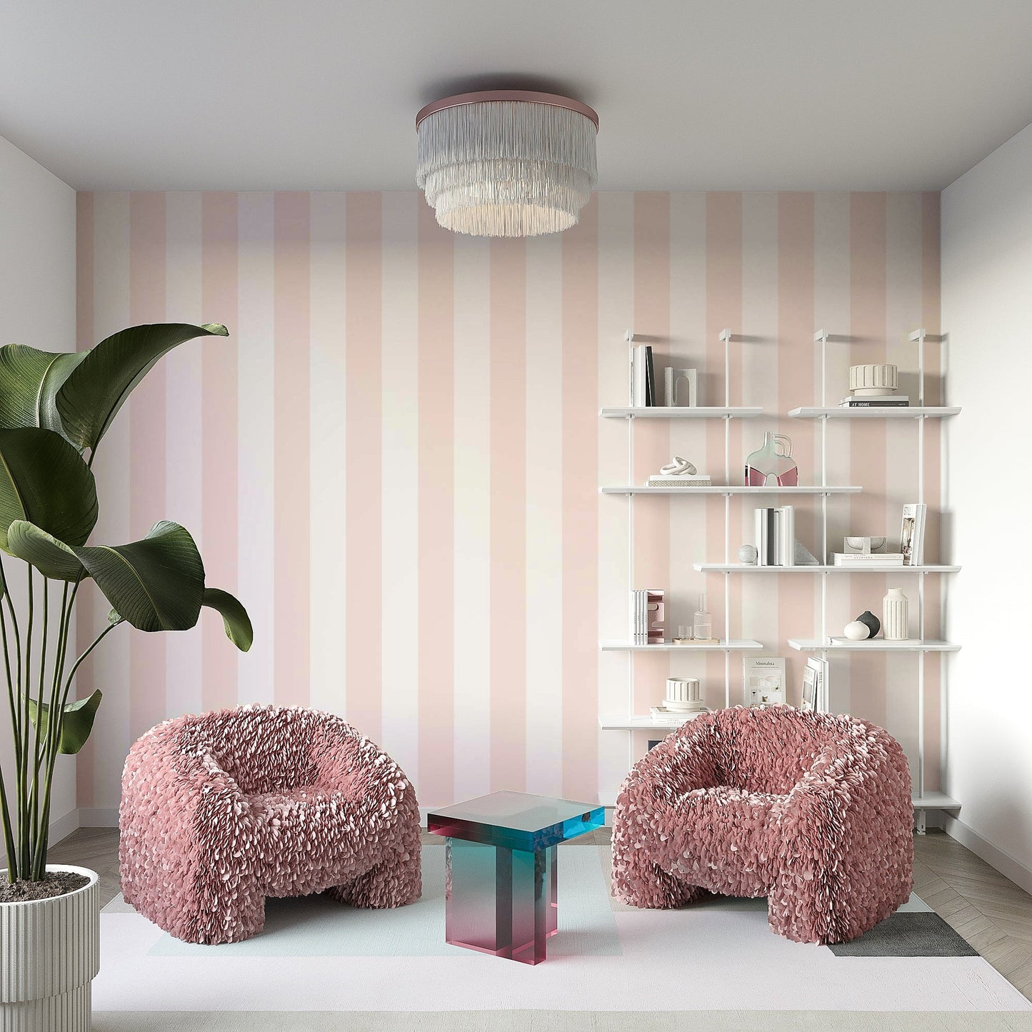 Vertical pastel pink and beige stripe wall design.

